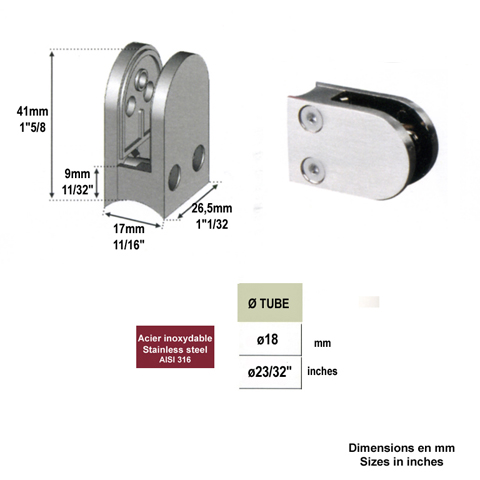 Pince  verre ronde 41mm en inox 316 pour rond 18mm IN2603 Pinces  verres rondes Pince  verre en  INOX316 IN2603