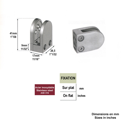 Pince  verre ronde 41mm en inox 316 bross pour plat IN2606 Pinces  verres rondes Pince  verre en  INOX316 IN2606