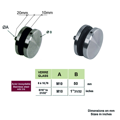 Pince  verre entretoise 50mm en inox 316 IN26121 Pinces  verres entretoises Entretoise verre 8,76mm  12,76mm IN26121
