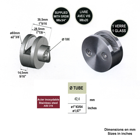Pince  verre ronde 60mm en inox 316 pour poteau 42,4mm IN2615 Pinces  verres en applique Pince pour 1 verre IN2615