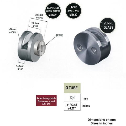 Pince  verre ronde 60mm en inox 316 pour plat ou poteau carr IN2617 Pinces  verres en applique Pince pour 1 verre IN2617