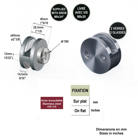 Pince  verre ronde 60mm en inox 316 pour plat ou poteau carr IN2620 Pinces  verres en applique Pince pour 2 verres IN2620