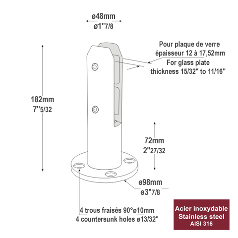 Pince  verre fixation sol en inox 316 pour verre 12  17,52mm IN26271 Pinces au sol de garde corps Pince fixation au sol IN26271