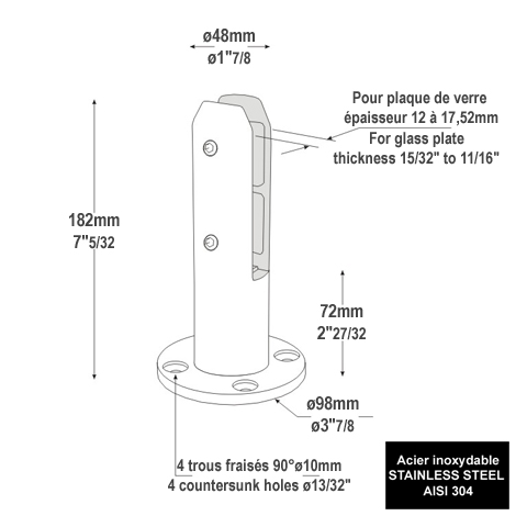 Pince  verre fixation sol en inox 304 pour verre 12  17,52mm IN26272 Pinces au sol de garde corps Pince fixation au sol IN26272