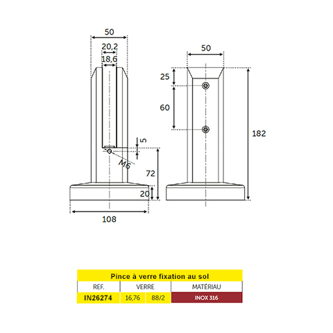 Pince  verre fixation sol en inox 316 pour verre 12  17,52mm IN26274 Pinces au sol de garde corps Pince fixation au sol IN26274
