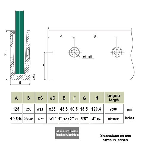 Profil aluminium pour garde corps fixation  l'anglaise IN2635 Garde-corps en verre pices pour fixation  l'anglaise IN2635