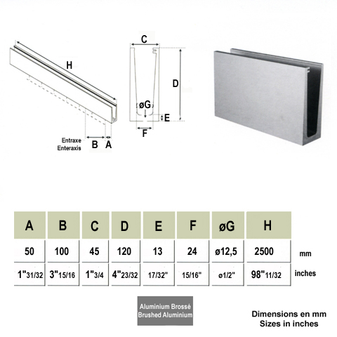 Profil aluminium pour garde corps fixation au sol IN26471 Garde-corps en verre Pices pour fixation au sol IN26471