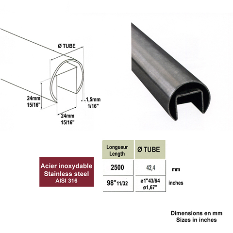 Main courante ronde 42,4mm AISI616 pour garde corps en verre IN26551 Garde-corps en verre Main courante ronde inox IN26551