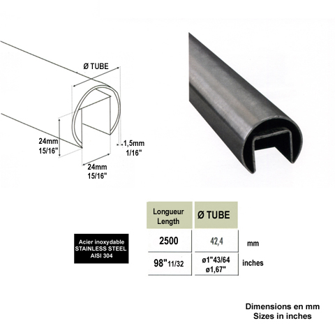 Main courante ronde 42,4mm pour garde corps en verre IN2655 Garde-corps en verre Main courante ronde inox 304 IN2655