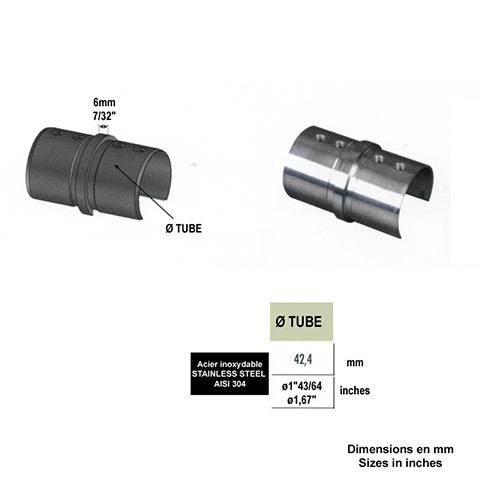 Union droit de main courante inox ronde 42,4mm IN2659 Garde-corps en verre Raccords inox pour main courante 42,4mm IN2659