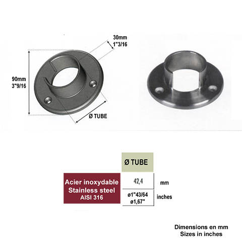 Plaque de fixation de main courante inox 316 ronde 42,4mm IN26601 Garde-corps en verre Raccords pour main courante inox IN26601