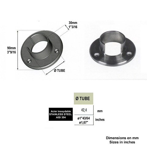 Plaque de fixation de main courante inox ronde 42,4mm IN2660 Garde-corps en verre Raccords inox pour main courante 42,4mm IN2660
