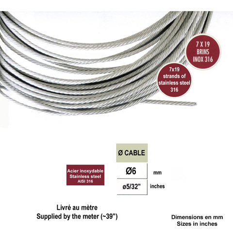 Cble rond acier inoxydable 316 4mm IN2665 Cbles inox316 et anneaux Cbles inox 316 IN2665