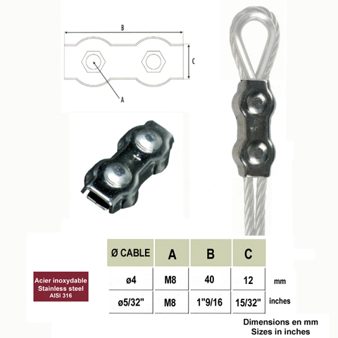 Bloque cble acier inoxydable 316 4mm IN2670 Cbles inox316 et anneaux Bloque cble pour cble inox IN2670