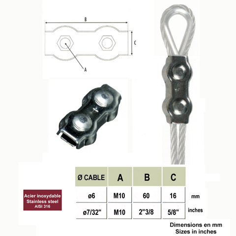 Bloque cble acier inoxydable 316 6mm IN2671 Cbles inox316 et anneaux Bloque cble pour cble inox IN2671