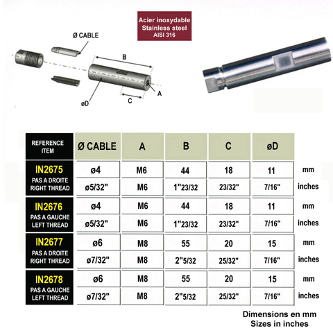 Fixation inox  visser pas  droite pour cble 4mm M6 IN2675 Tendeur manuel sans sertissage Fixation manuelle pour cable  inox IN2675