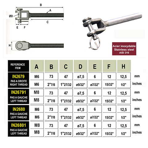 Fixation inox  visser pas  droite pour cble 4mm M6 IN2679 Tendeur manuel sans sertissage Chape et platine pour tendeur cable inox IN2679