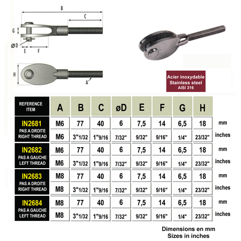 Chape design filete M6 pas  droite pour tendeur de cble IN2681 Tendeur manuel sans sertissage Chape et platine pour tendeur cable  inox IN2681