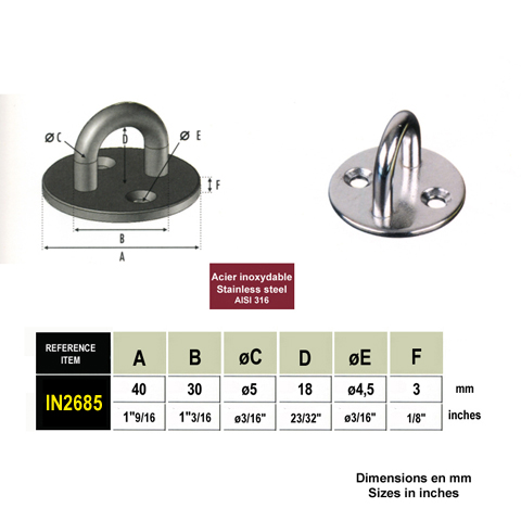 Platine base ronde avec anneau inox 316 IN2685 Tendeur manuel sans sertissage Chape et platine pour tendeur cable  inox IN2685