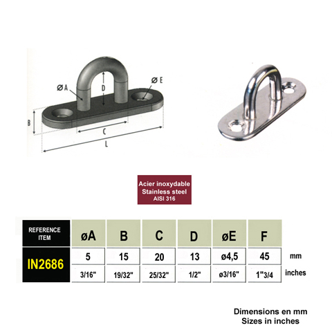 Platine base ovale avec anneau inox 316 IN2686 Tendeur manuel sans sertissage Chape et platine pour tendeur cable  inox IN2686