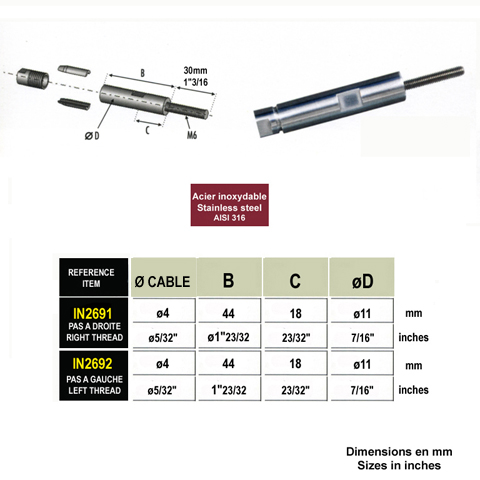 Fixation inox  visser pas  droite ou gauche pour cble 4mm IN2691 Tendeur manuel sans sertissage Fixation manuelle pour cable inox IN2691