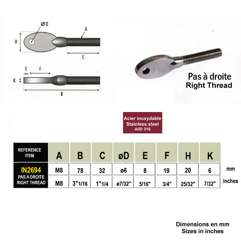 Vis  oeillet design pour chape filete M6 pas  droite pour tendeur de cble IN2694 Tendeur manuel sans sertissage Chape et platine pour tendeur cable  inox IN2694