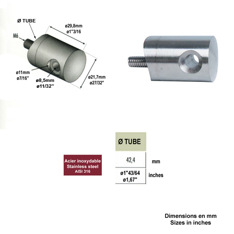 Connecteur en applique pour passage cble 6mm sur tube IN27021 Connecteur applique pour cable Connecteur dpart droit ou gauche IN27021