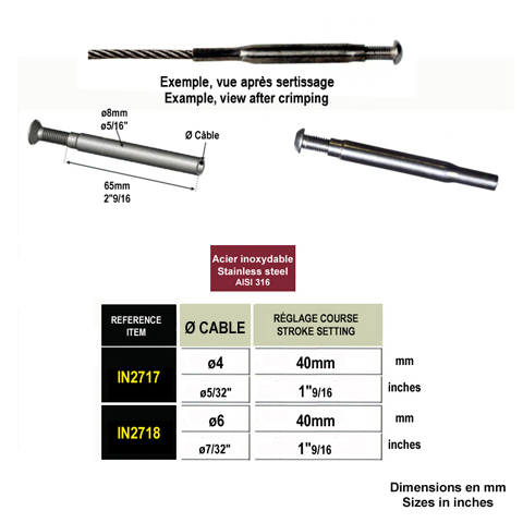 Tendeur  sertir inox 316 pour cble 4 et 6mm IN2717 - IN2718 Tendeur manuel avec sertissage Tendeur inox  sertir pour cble IN2717