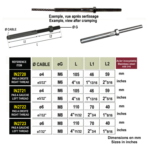 Tendeur  sertir inox 316 pour cble 4 et 6mm IN2720  IN2723 Tendeur manuel avec sertissage Tendeur inox  sertir pour cble IN2720