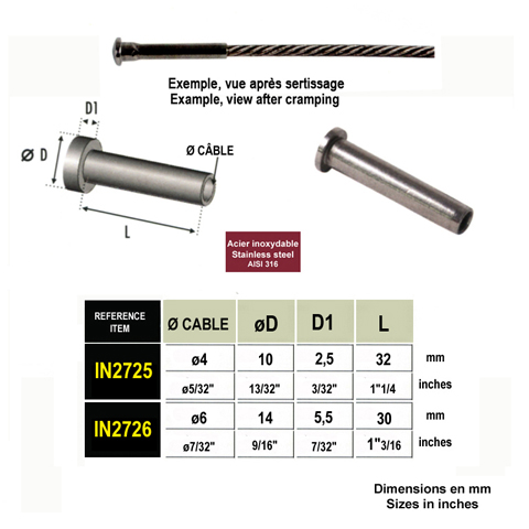 Dpart  sertir inox 316 pour cble 4 et 6mm IN2725 - IN2726 Tendeur manuel avec sertissage Tendeur inox  sertir pour cble IN2725