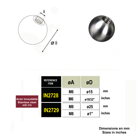 Boule inox 316 15 et 25 taraude IN2728 - IN2729 Tendeur manuel avec sertissage Tendeur inox  sertir pour cble IN2728