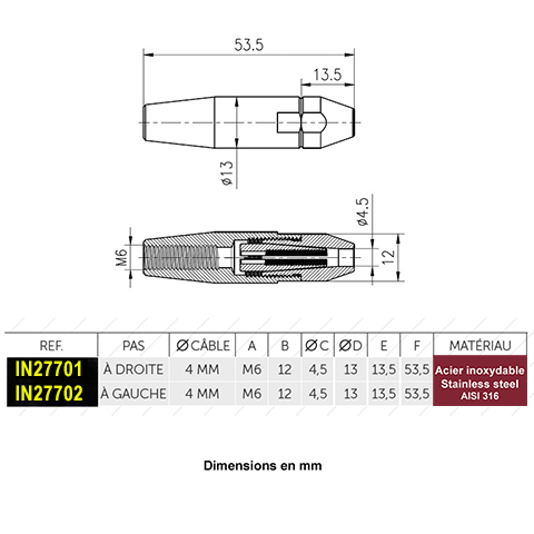 Tendeur manuel inox  visser M6 pas  droite ou gauche pour cble 4mm IN27701 Tendeur manuel sans sertissage Fixation manuelle pour cable  inox IN27701