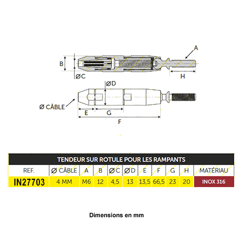 Tendeur sur rotule inox 316  visser M6 pour rampants d'escaliers IN27703 Tendeur manuel sans sertissage Fixation manuelle pour cable  inox IN27703