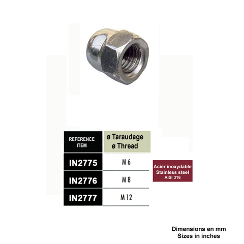 Ecrou hexagonal acier inox 316 M6  M12 IN2775 - IN2777 Visserie - Vis - Boulons - Rivets Vis inox, crous inox, tiges filetes inox IN2775