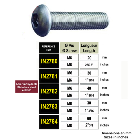 Vis  tte bombe TBchc M6x20  M8x60 inox 316 IN2780 - IN2784 Visserie - Vis - Boulons - Rivets Vis inox, crous inox, tiges filetes inox IN2780
