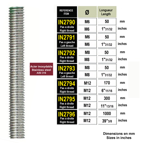 Tige filete M6x50  M12x1000 inox 316 IN2790 - IN2796 Visserie - Vis - Boulons - Rivets Vis inox, crous inox, tiges filetes inox IN2790