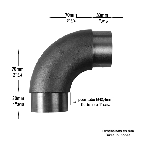 Coude 90 de main courante en acier pour tube 42,4mm epr 2mm IN2850 Main courante acier ronde Raccords pour tube epr 2mm IN2850