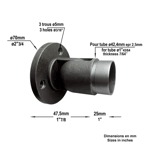 Connecteur mural rglable de main courante en acier pour tube 42,4mm epr 2,5mm IN2862 Main courante acier ronde Raccords pour tube epr 2,5mm IN2862