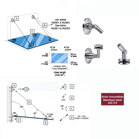 Support inox de marquise en verre IN2900 Marquise en verre Support inox pour marquise IN2900