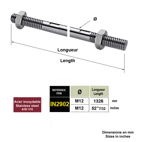 Axe 12mm longueur 1326mm inox 316 pour marquise en verre IN2902 Marquise en verre Axes 12mm inox pour marquise IN2902