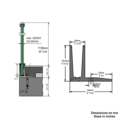 Profil en U aluminium pour garde corps fixation au sol dcale IN29321 Profils aluminium pour verres Fixation au sol dcale IN29321