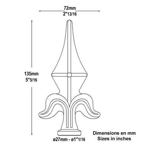 Fer de lance - Pointe de lance 135mm collerette 27mm fleur de lys raccordement  souder