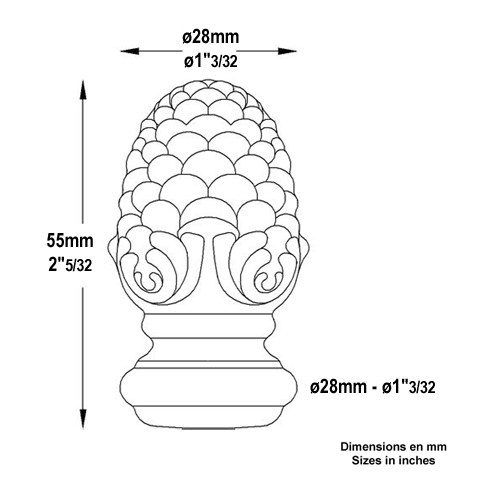 Pomme de pin forge H55mm FC1760 Boule et pommeau Pommeau acier FC1760