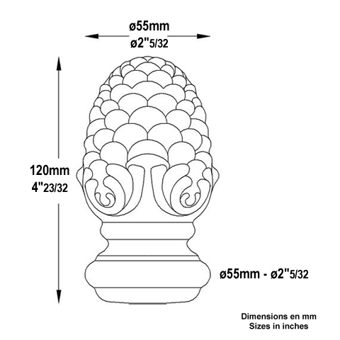 Pomme de pin forge H120mm FC1762 Boule et pommeau Pommeau acier FC1762