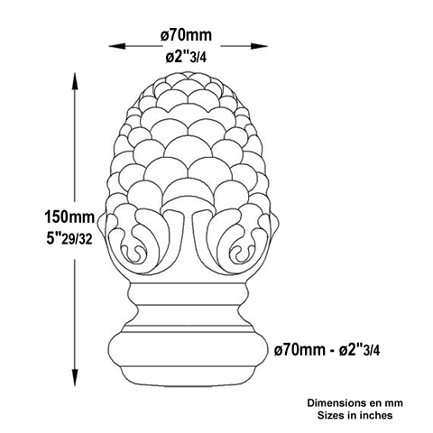 Pomme de pin forge H150mm FC1763 Boule et pommeau Pommeau acier FC1763
