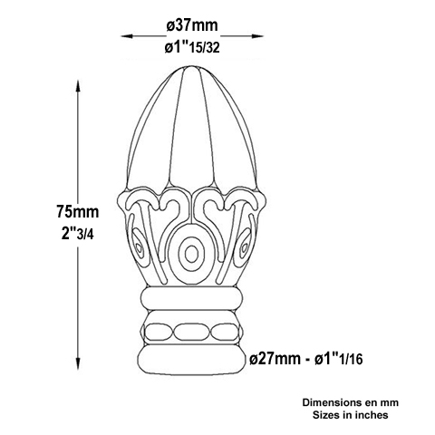 Pomme de pin forge H75mm FC1777 Boule et pommeau Pommeau acier FC1777
