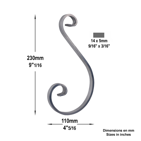 Volute alu en S H230mm 14x5mm FE19305 Volute Aluminium extr patte d'oie FE19305