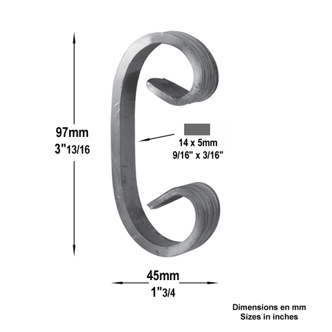 Volute alu en C H97mm 14x5mm FE19306 Volute Aluminium extr patte d'oie FE19306