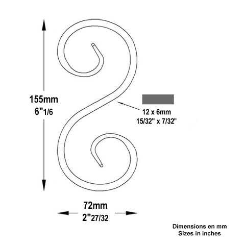 Volute forge en S H155 12x6 FF2072 Volute Volute extr patte d'oie FF2072