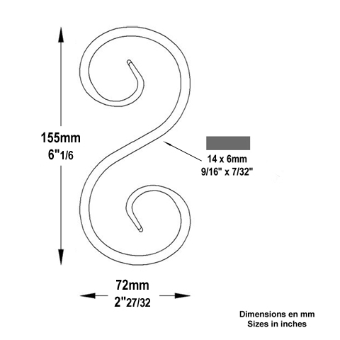 Volute forge en S H155 14x6 FF2073 Volute Volute extr patte d'oie FF2073